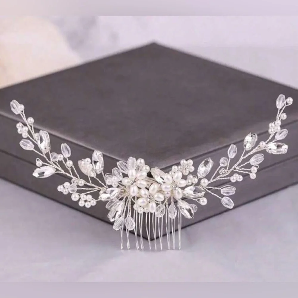 Elegant Silver Hair Comb Hair Clip Crystals Pearls Tiara Accessory